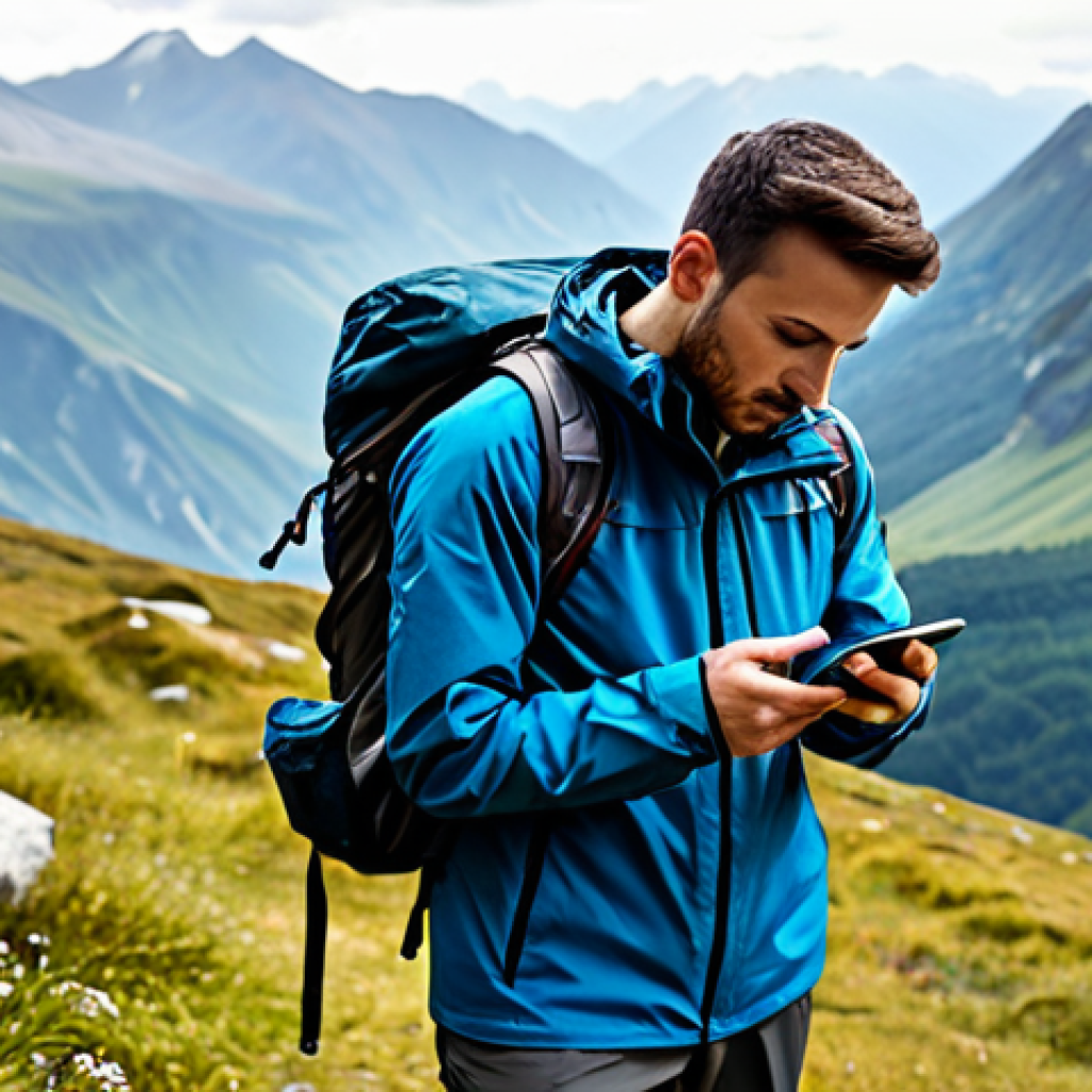 A hiker, fully clothed in appropriate hiking gear (jacket, hiking pants, backpack), using a hiking app on a smartphone in a mountainous landscape, safe for work, appropriate content, perfect anatomy, well-formed hands, natural pose, daytime, professional photography, modest.