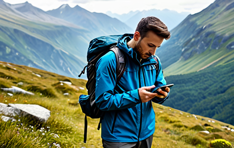 A hiker, fully clothed in appropriate hiking gear (jacket, hiking pants, backpack), using a hiking app on a smartphone in a mountainous landscape, safe for work, appropriate content, perfect anatomy, well-formed hands, natural pose, daytime, professional photography, modest.
