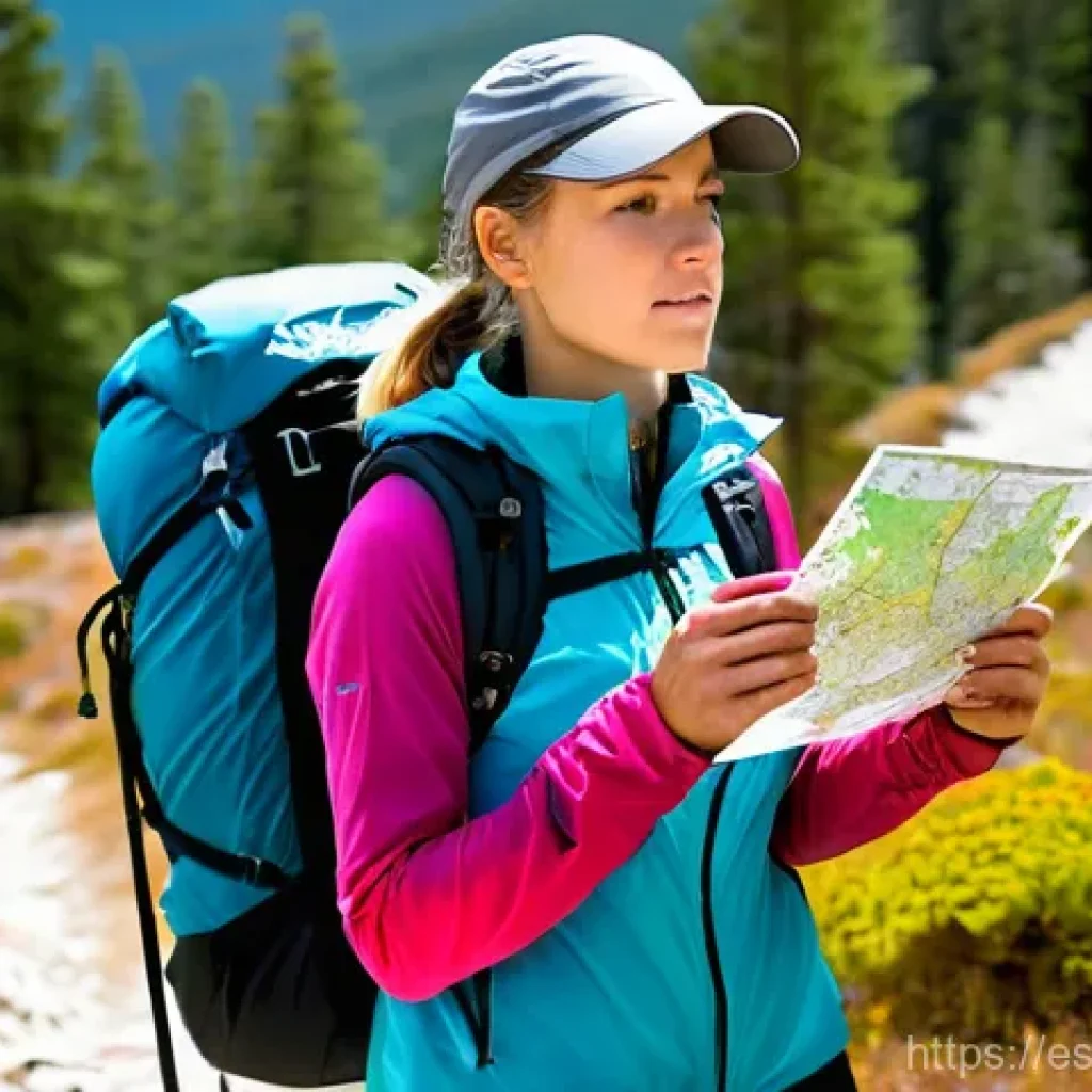 하이킹을 위한 안전장비 사용법 - **"A determined female hiker in her late 20s, with a small backpack, stands on a rocky mountain path...
