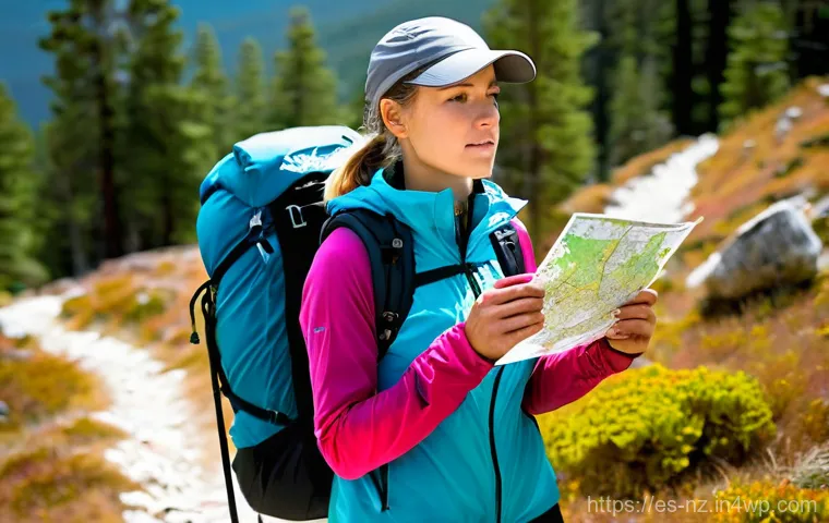 하이킹을 위한 안전장비 사용법 - **"A determined female hiker in her late 20s, with a small backpack, stands on a rocky mountain path...