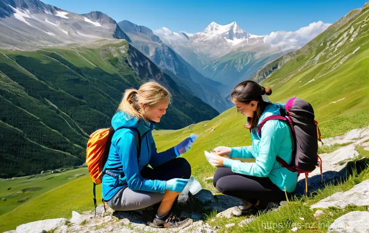 하이킹을 위한 안전장비 사용법 - **"A determined female hiker in her late 20s, with a small backpack, stands on a rocky mountain path...