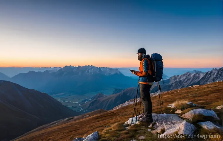 하이킹을 위한 안전장비 사용법 - **"A small group of three hikers, two adults and one teenager (approximately 15 years old), are taki...