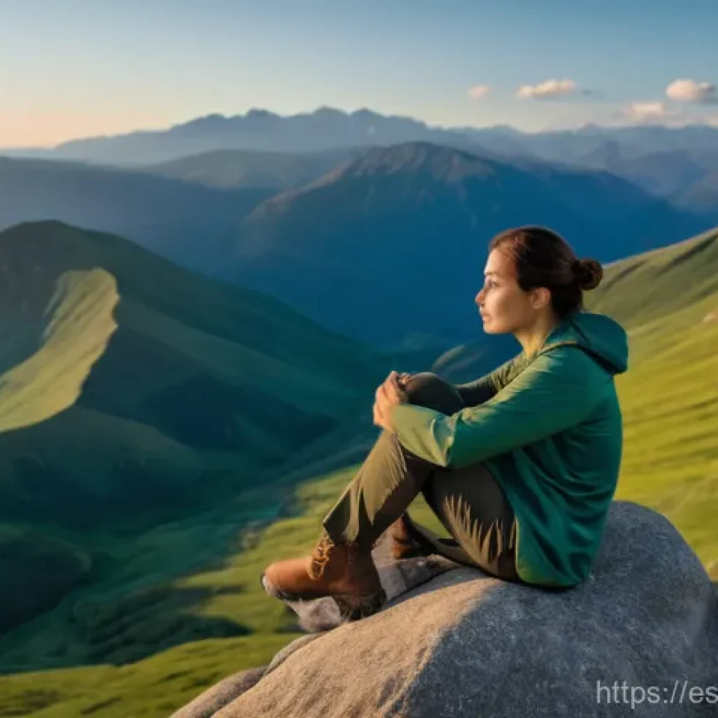 장거리 하이킹의 필요성과 이유 - A serene solo hiker, a woman in her late 20s, sits on a smooth rock overlooking a breathtaking, unto...
