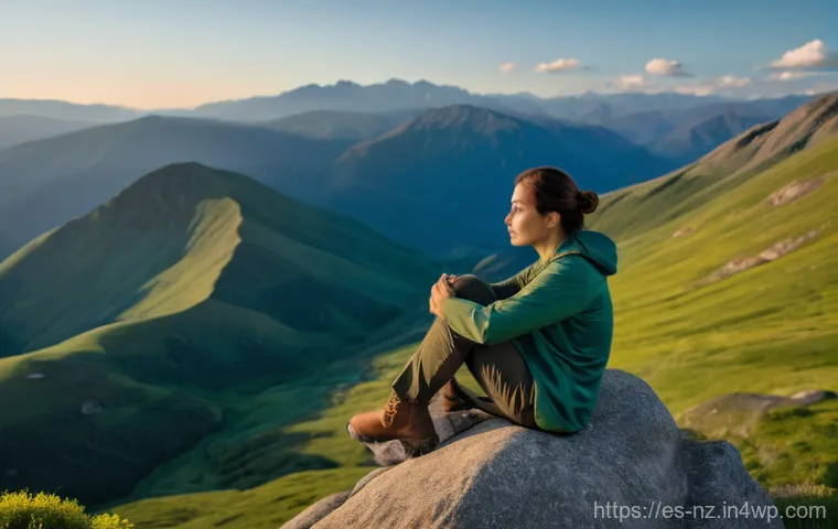 장거리 하이킹의 필요성과 이유 - A serene solo hiker, a woman in her late 20s, sits on a smooth rock overlooking a breathtaking, unto...