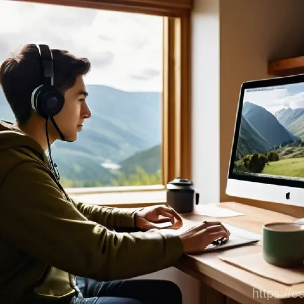 장거리 하이킹을 위한 추천 웹사이트 - **Prompt:** A young, adventurous person, dressed in comfortable, casual outdoor wear, sits at a clea...