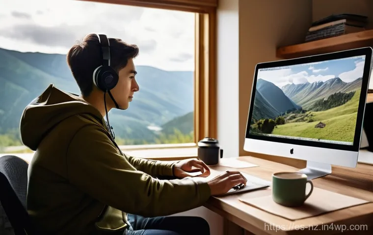 장거리 하이킹을 위한 추천 웹사이트 - **Prompt:** A young, adventurous person, dressed in comfortable, casual outdoor wear, sits at a clea...