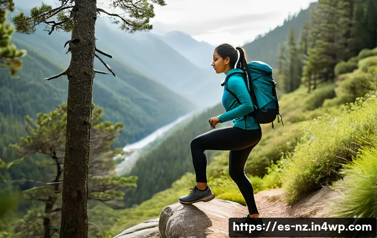 하이킹 전 가벼운 운동으로 준비하기 - A fit young Hispanic woman wearing breathable hiking clothes and sturdy trail shoes, performing dyna...