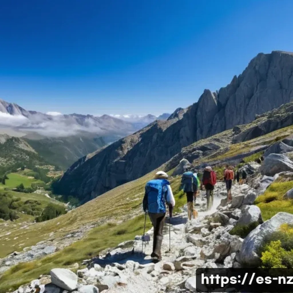 하이킹 중 발생할 수 있는 부상 예방 방법 - A detailed scene of a group of hikers trekking on a rocky mountain trail in Spain’s Sierra Nevada, w...