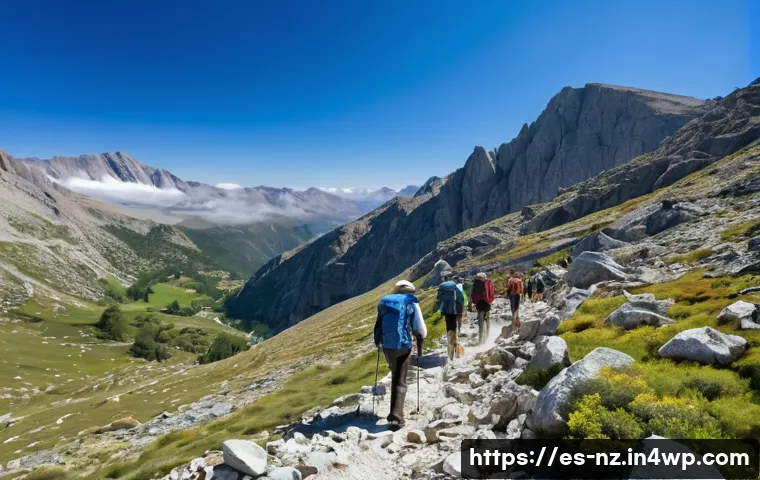 하이킹 중 발생할 수 있는 부상 예방 방법 - A detailed scene of a group of hikers trekking on a rocky mountain trail in Spain’s Sierra Nevada, w...
