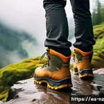 Home 22 장거리 하이킹 시 유용한 보호 장비 - A detailed outdoor hiking scene featuring a hiker wearing sturdy Gore-Tex mountain boots with Vibram...