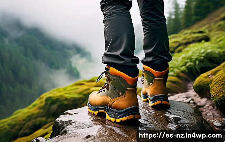 장거리 하이킹 시 유용한 보호 장비 - A detailed outdoor hiking scene featuring a hiker wearing sturdy Gore-Tex mountain boots with Vibram...