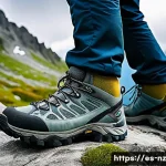 Home 21 장거리 하이킹을 위한 보조 수단 및 장비 - A detailed outdoor scene of a hiker wearing high-quality trekking shoes with Gore-Tex waterproof mem...