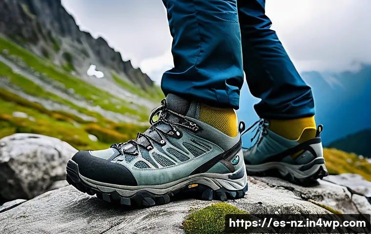 장거리 하이킹을 위한 보조 수단 및 장비 - A detailed outdoor scene of a hiker wearing high-quality trekking shoes with Gore-Tex waterproof mem...