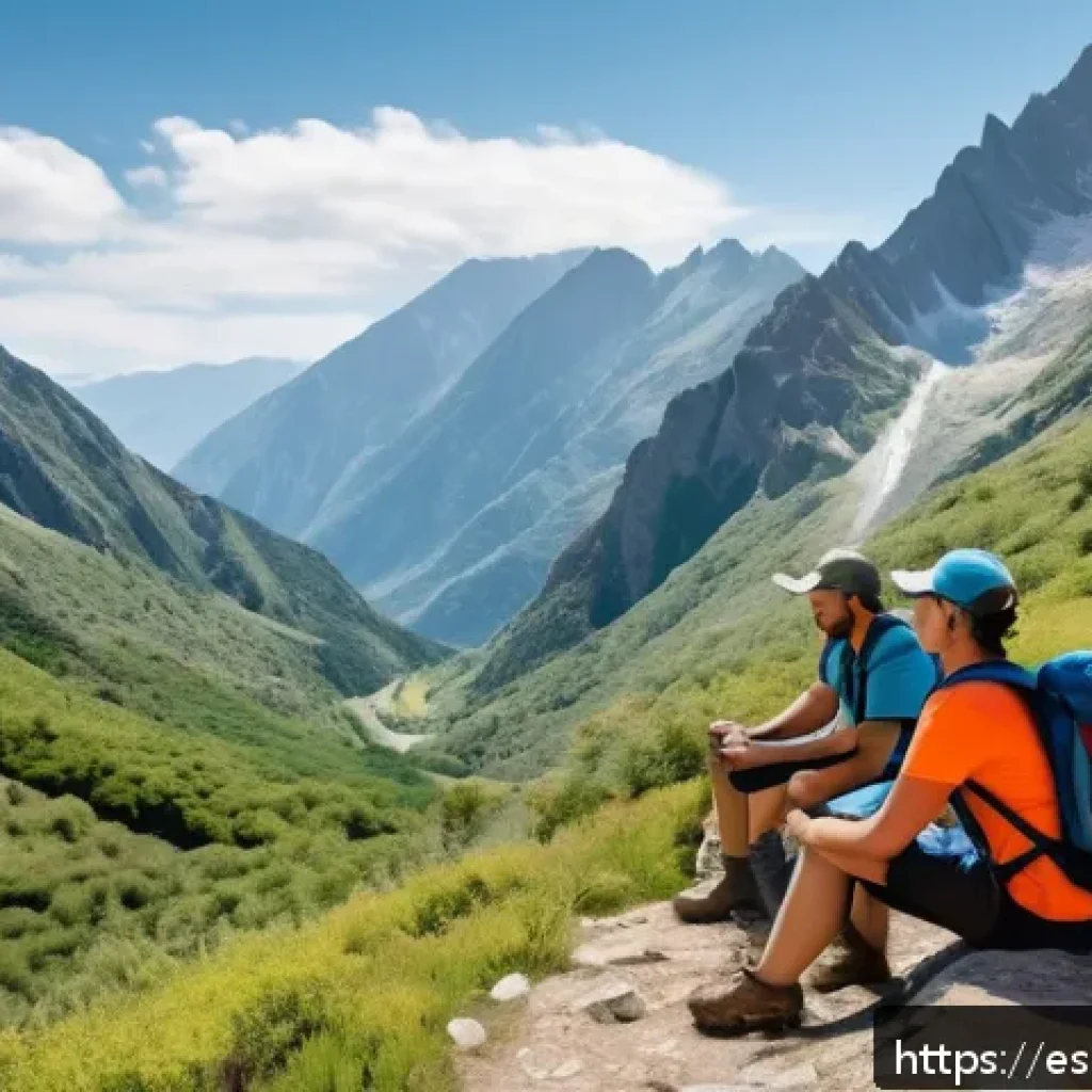 하이킹을 위한 인내심과 끈기 키우기 - A diverse group of hikers taking a short rest on a scenic mountain trail during a bright, clear day....