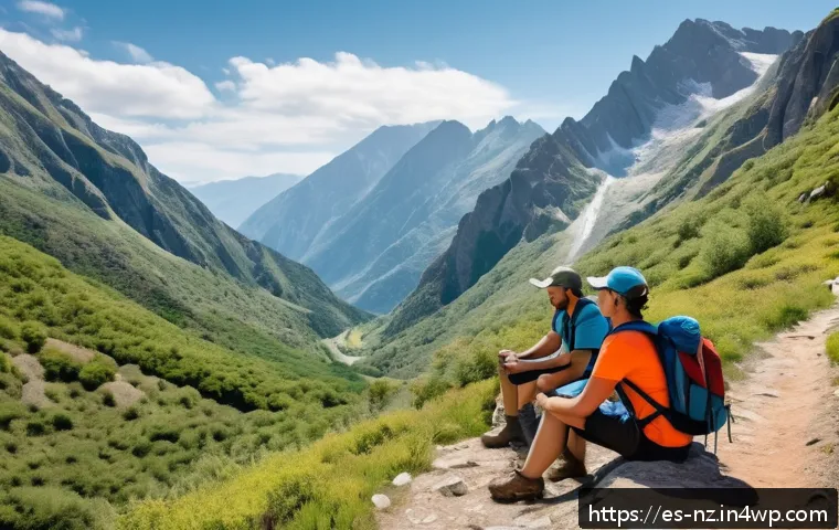하이킹을 위한 인내심과 끈기 키우기 - A diverse group of hikers taking a short rest on a scenic mountain trail during a bright, clear day....