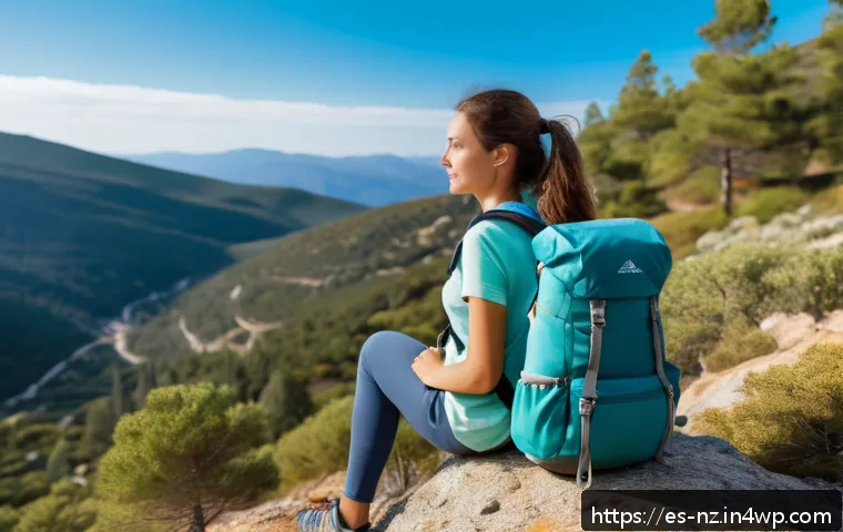 하이킹 중 필요한 생리대 및 위생 용품 - A confident young woman hiking on a sunny mountain trail in Spain, wearing breathable, lightweight h...