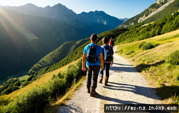 하이킹 코스 선택 시 고려해야 할 요소 - Photorealistic wide view of a Spanish family hiking in the Pyrenees, standing at a clearly marked tr...
