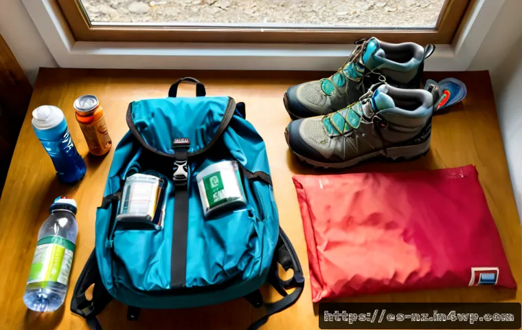Home 17 장거리 하이킹 중 필요한 기본 장비 리스트 - Photorealistic flat lay of essential long-distance hiking gear neatly arranged on a warm wooden tabl...