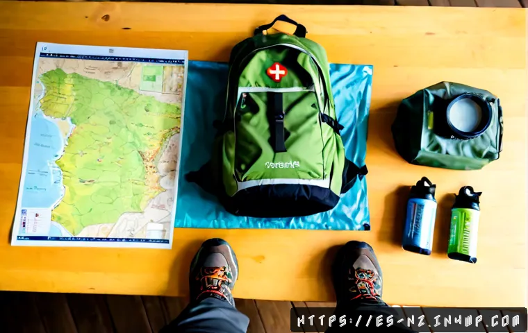 하이킹 전 마지막 점검 리스트 - Photorealistic overhead flat lay of a final hiking gear check on a wooden table in a Spanish home: s...